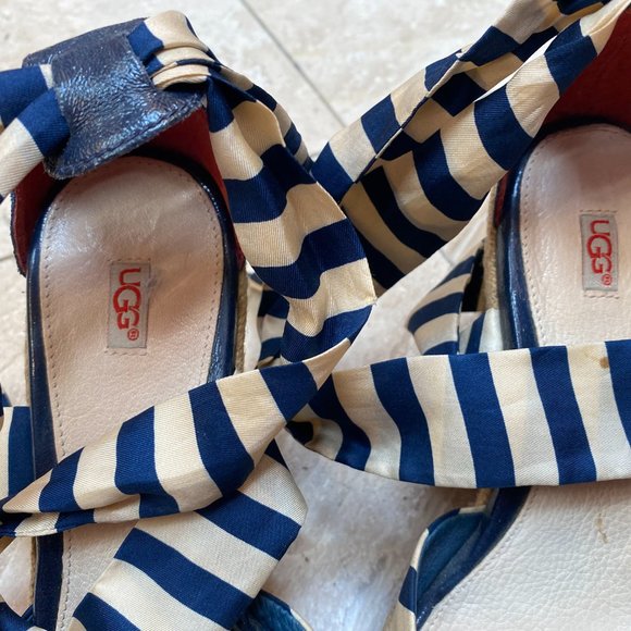 UGG Lucianna Espadrille Wedge Sandal Tie-Up Blue & Ivory Stripe - Size 8 - Picture 7 of 7